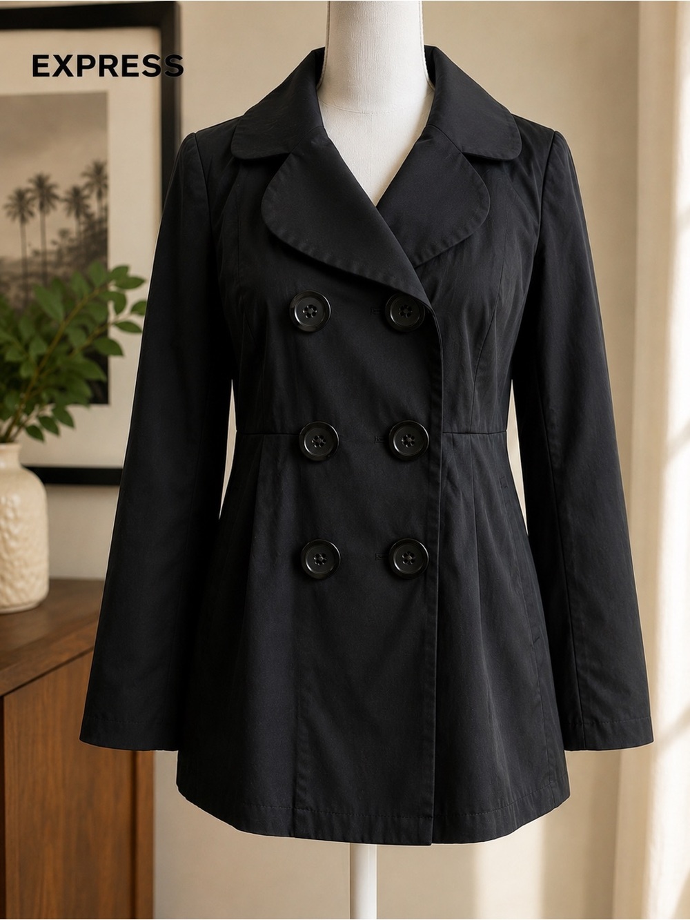 Express Women's Classic Black Pea Coat w/Animal print lining Mobwife